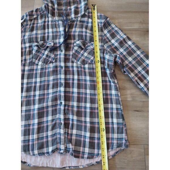 Boston Traders Womens Blue and Purple Plaid Button Down Shirt Jacket Hooded Shac - Picture 8 of 12